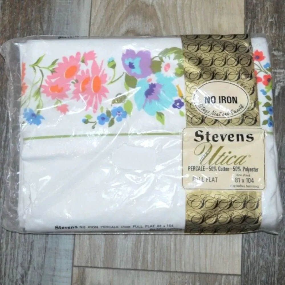 NOS 70s Vintage Stevens Utica Floral Full Flat NIP No Iron Flower Patch Sheet
